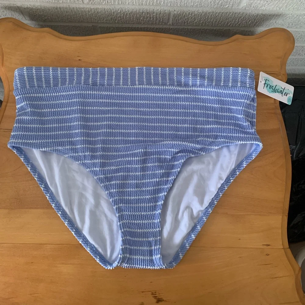 Freshwater Womens XXL 20 Periwinkle striped Banded Swim Bottoms Hi Waist Hi Leg